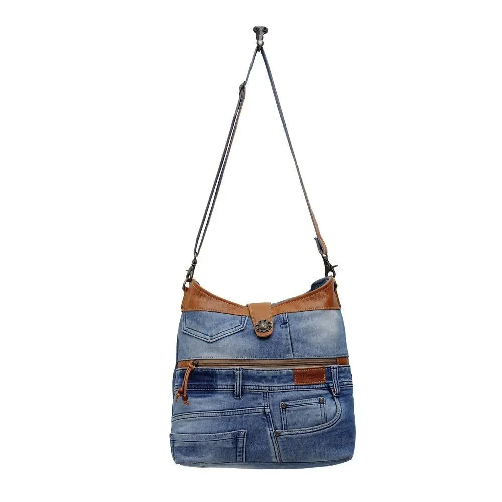 Myra Bag Handmade Janesa Shoulder Bag Upcycled Canvas & Cowhide Leather